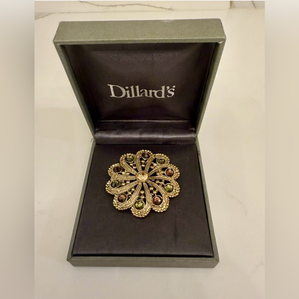 Vintage Dillard's 2” Crystal Flower Brooch Pin Gold Tone w/ Multicolor Crystals